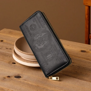 Men's long vintage black clutch wallet with creative $100 dollar bill embossed pattern
