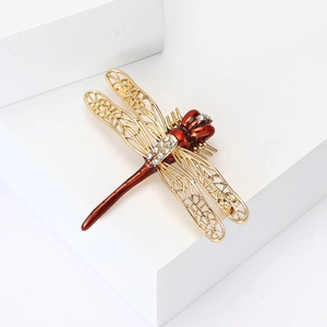Elegant gold and red enamel dragonfly brooch with sparkling rhinestones for women