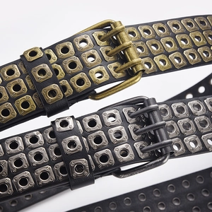 Punk style PU leather belts with triple rows of square metal eyelets and classic buckles