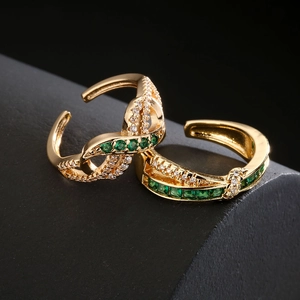 18K gold plated geometric open rings set with green zircon and pavé white diamonds