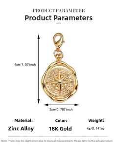 Detailed technical spec showing golden compass star pendant dimensions 4cm x 2cm and weight 4g