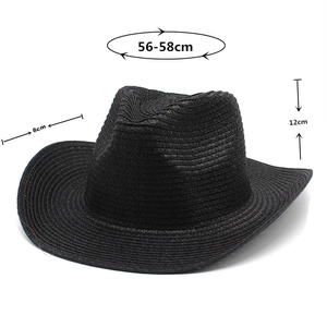 Schwarzer Cowboyhut aus Stroh mit Maßen: 8cm Krempe und 12cm Höhe in der Detailansicht