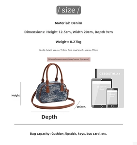 Detailed size guide of denim handbag showing 20x12.5cm dimensions with scale reference