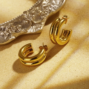French vintage C-shaped high polished 18K gold-plated stainless steel hoop earrings