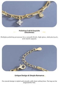 Detailed macro view of S925 sterling silver four-leaf clover bracelet with zircon charms