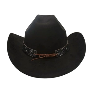 Detail of black cowboy hat featuring a marble pattern band and brown cord trim