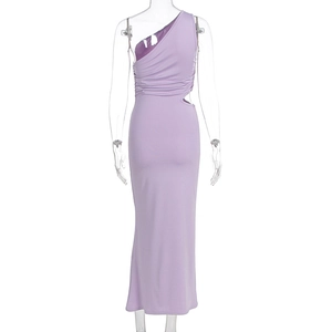 Detail of lavender one-shoulder maxi dress featuring sexy waist cutout and side ruching