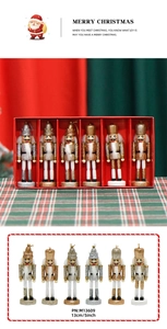 Set of six 13cm wooden glitter nutcracker soldiers in gold and silver for Christmas decor