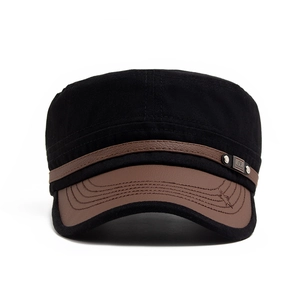 Classic flat top military cap with black cotton crown and brown leather brim and strap