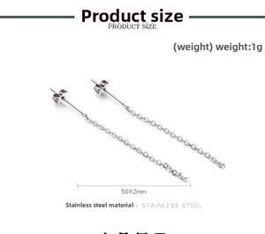 Detailed dimension view of 50x2mm stainless steel long chain tassel earrings weighing 1g