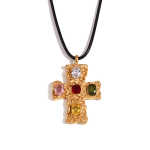 Retro 18K gold-plated titanium steel cross necklace with colorful gems and lava texture