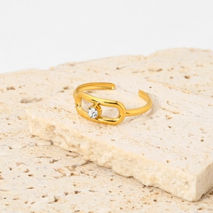 Detail view of 18K gold plated open ring with square frame and sparkling cubic zirconia