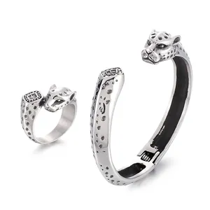 Leopard Head Bracelet And Ring Jewelry Stainless Steel Vintage Punk Animal Open Cuff Bangle Spotted Design Men Women