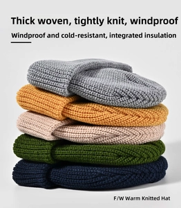 Vertical stack of thick knitted beanies in grey, yellow, purple, green and navy blue
