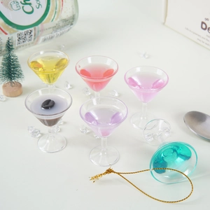 Set of six colorful miniature cocktail glass pendants with gold strings and faux ice decor