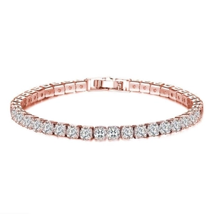 Rose gold tennis bracelet featuring 4mm round clear zircons with a secure fold-over clasp