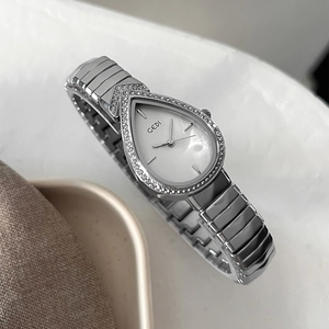 Silver teardrop fashion watch for women with rhinestone inlay and pearl white dial