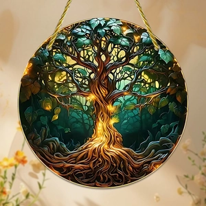 Circular acrylic stained glass hanging ornament featuring a vibrant green Tree of Life