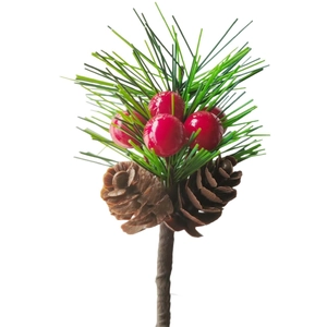 Christmas pine needle pick with red berries and pinecones for festive decor