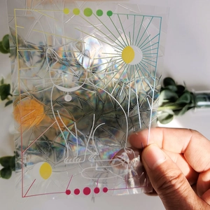 Detailed holographic suncatcher sticker featuring cat line art and geometric rainbow patterns