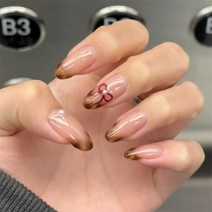 French Almond Press On Nails Leopard Tortoise Shell Pattern Red Ribbon Bow Artificial Pearl Decor Artificial False Nails Women