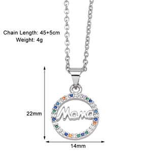 Detailed view of Mama pendant necklace with colorful cubic zirconia and size dimensions