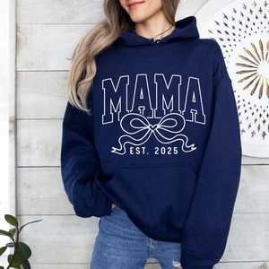 Navy Mama Est 2025 hoodie featuring white lettering and bow design for Mother's Day