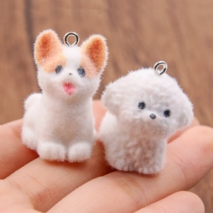 Miniature flocked puppy charms with silver metal rings for DIY jewelry making