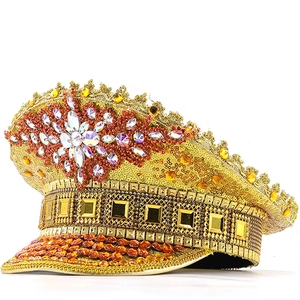Gold Sequin Captain Hat With Rhinestone Starburst Luxury Festival Party Military Hat For Stage Performance Music Festival