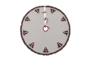 Detail of knitted Christmas tree skirt featuring cedar patterns and red tie closures