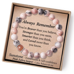 Pink zebra jasper and sunstone beaded bracelet gift set with motivational card in kraft box