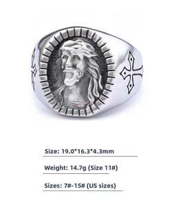 Macro detail of vintage Jesus portrait signet ring with engraved side cross dimensions