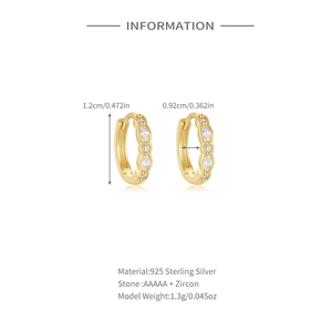 Detail of gold-plated S925 sterling silver huggie earrings with marquise zircon stones