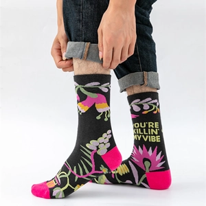 Trend black cotton socks with colorful floral patterns and slogan You're Killin' My Vibe