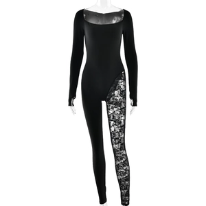 Slim fit black long sleeve romper with side lace paneling and square neck design