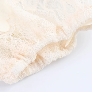 Elegant ivory puff sleeve top with delicate floral lace texture and pleated details