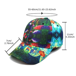 Baseball cap with colorful magic mushroom print showing size and dimension details
