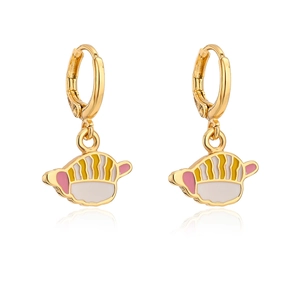Detail view of 18K gold plated striped enamel drop earrings with cartoon pendant