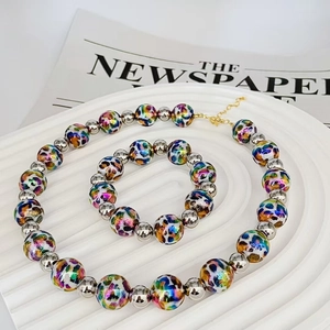 Western Style Laser Leopard Print Round Bead Necklace For Women Individual Fashion Copper Beaded Bracelet Jewelry Accessory