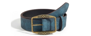 Detail of teal embossed leather belt with ornate antique bronze western buckle