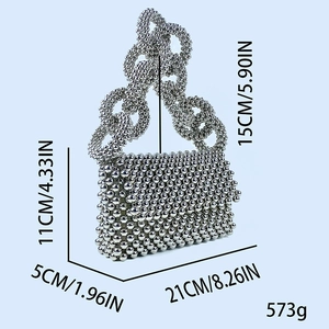 Detailed dimensions of silver beaded flap evening handbag with chain ring handle