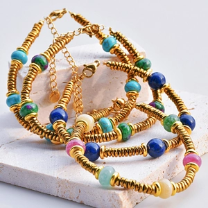 Bohemian colorful tourmaline bead bracelet in titanium steel with gold spiral metal tubes