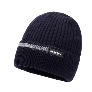 Men's winter knit beanie with thick thermal fleece lining and ribbed ear protection design