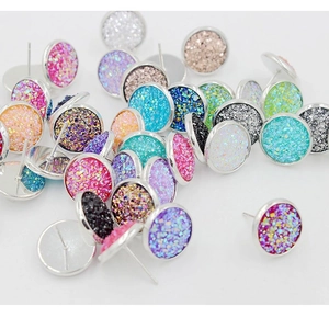 10mm colorful drusy stud earrings in stainless steel with multi-color glitter finishes