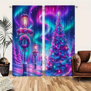 Detail view of festive Christmas blackout curtains featuring a digital aurora winter night print
