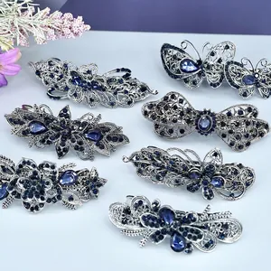 Pince À Cheveux Vintage Pour Femmes Alliage Creux Motif Fleur Papillon Avec Strass Bleus Accessoire Cheveux Rétro