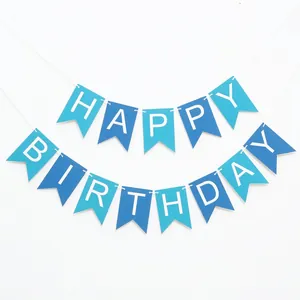 Blue gradient Happy Birthday swallowtail banner with gold foil letters for party decor