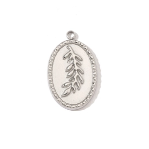 Silver oval stainless steel pendant with embossed leaf pattern and beaded edge border