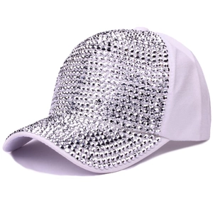 Stylish white baseball cap for women fully embellished with sparkling silver rhinestones