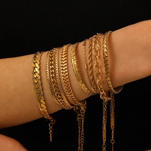Elegant 18K gold-plated woven mesh bracelet set with various stylish chain designs for women
